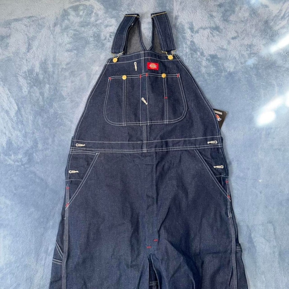 Dickies navy denim‎ overalls with red stitching men size 34x36